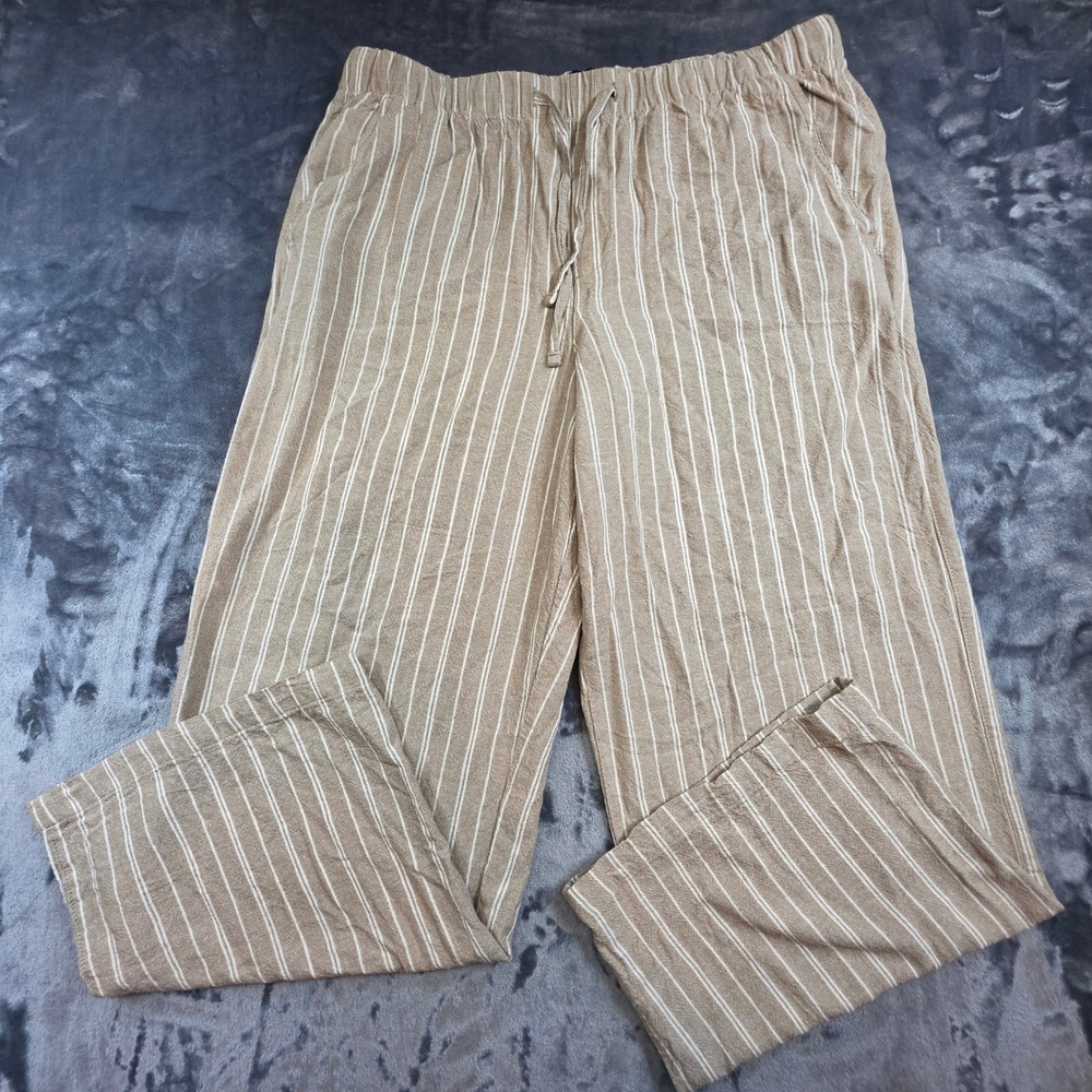 GAP Linen Rayon Blend Striped‎ Wide Leg Pants Tan White Large Casual Drawstring